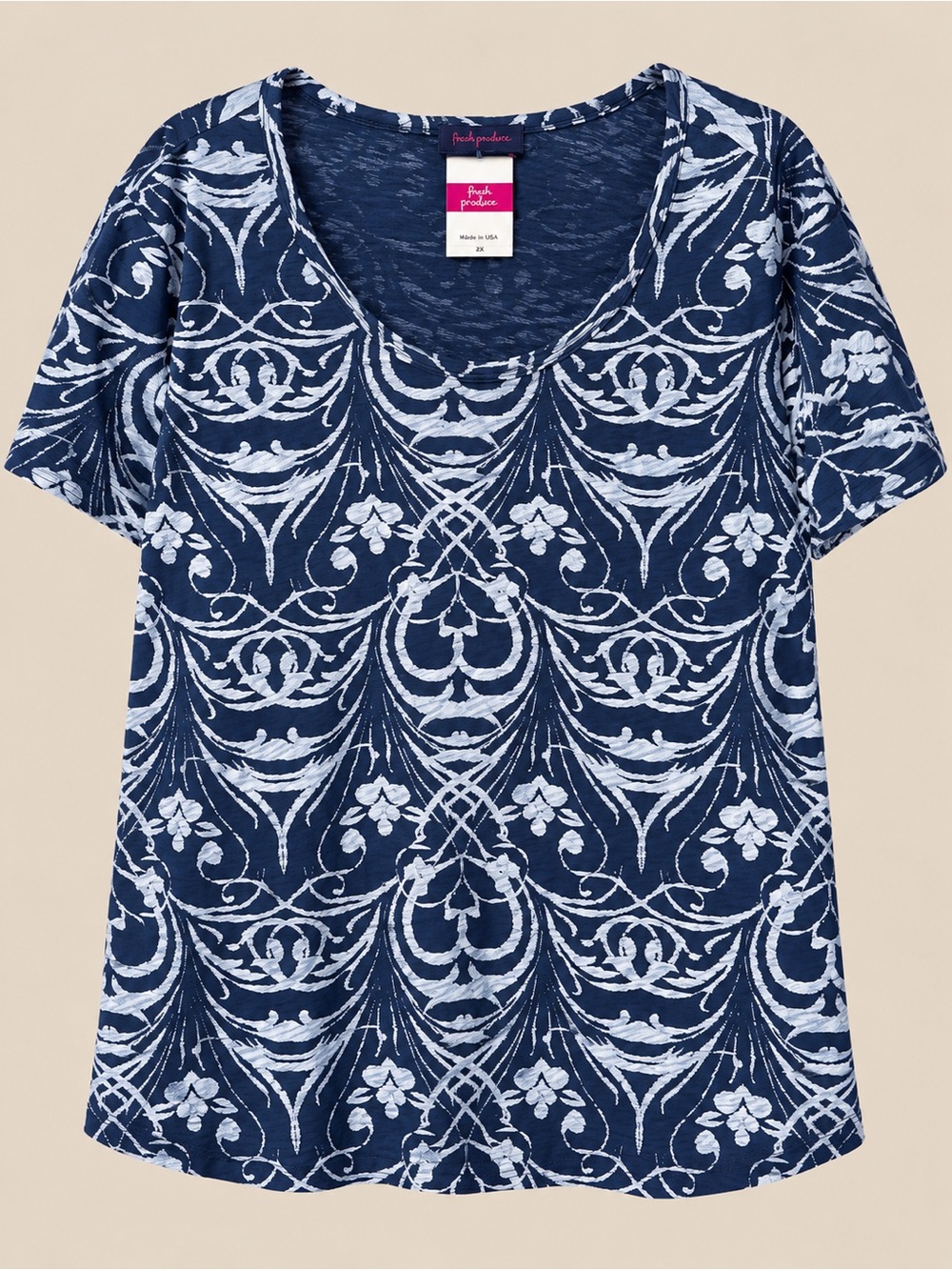 fresh produce Navy and White Floral Scroll Scoop Tee